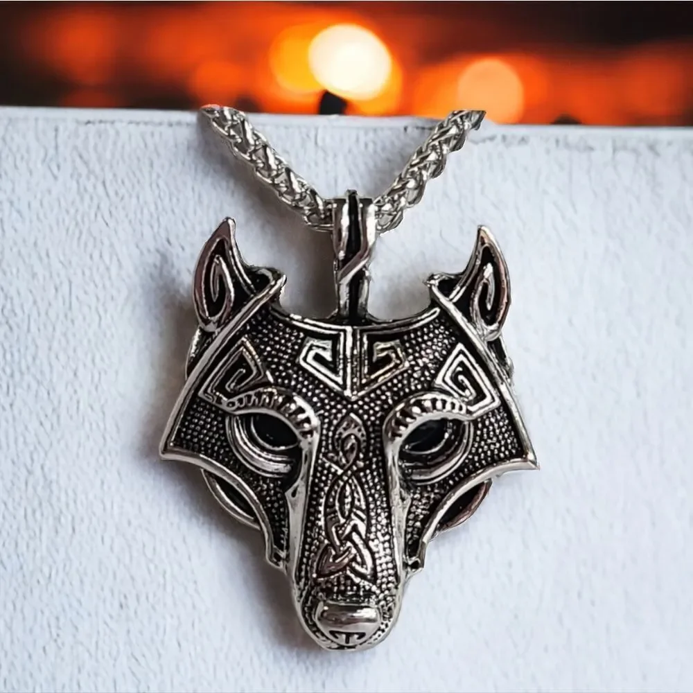Nordic Viking Fenrir Wolf Head Stainless Steel Pendant Men's Necklace Norse NEW